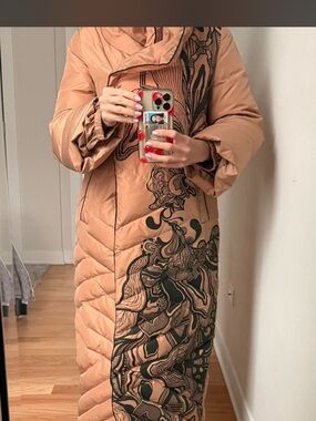 Tan Quilted Long Puffer Coat with Black Abstract Print